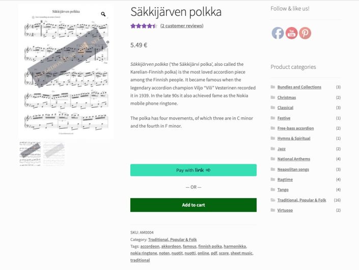"Säkkijärven polkka" product page at Accordionmusic.net