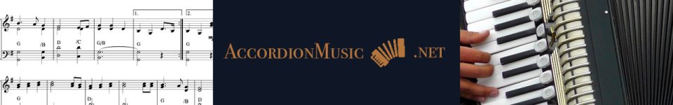 Accordionmusic.net logo, sheet music extract and an accordion